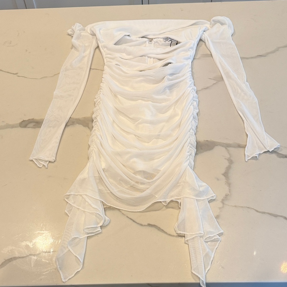 Fashion Nova White Ruched Long-Sleeve Draped Mesh Dress